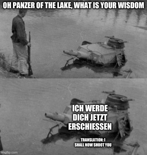 Oh Panzer of the lake | OH PANZER OF THE LAKE, WHAT IS YOUR WISDOM; ICH WERDE DICH JETZT ERSCHIESSEN; TRANSLATION: I SHALL NOW SHOOT YOU | image tagged in oh panzer of the lake | made w/ Imgflip meme maker