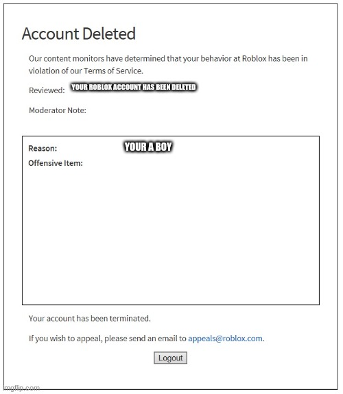 banned from ROBLOX | YOUR ROBLOX ACCOUNT HAS BEEN DELETED; YOUR A BOY | image tagged in banned from roblox,roblox | made w/ Imgflip meme maker