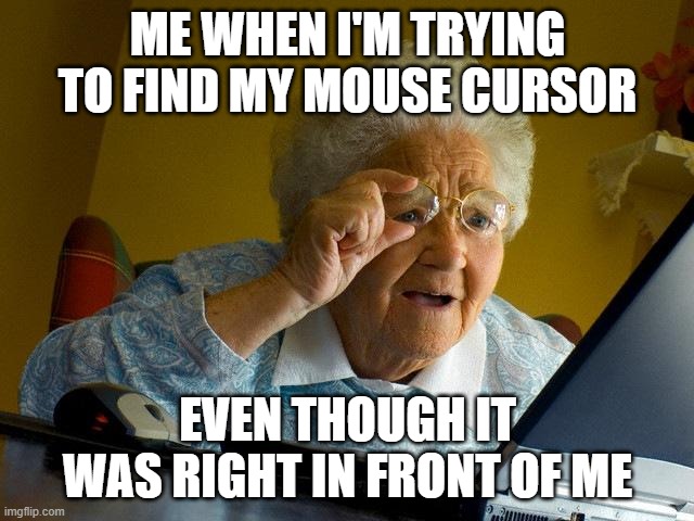 I'm Blind | ME WHEN I'M TRYING TO FIND MY MOUSE CURSOR; EVEN THOUGH IT WAS RIGHT IN FRONT OF ME | image tagged in memes,grandma finds the internet | made w/ Imgflip meme maker