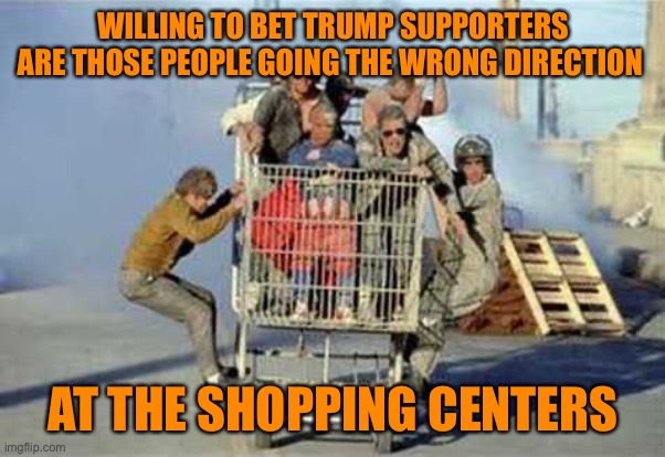 Jackass shopping cart | WILLING TO BET TRUMP SUPPORTERS ARE THOSE PEOPLE GOING THE WRONG DIRECTION AT THE SHOPPING CENTERS | image tagged in jackass shopping cart | made w/ Imgflip meme maker