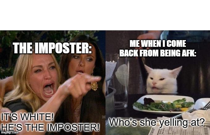 This Is 100% True In Among Us | THE IMPOSTER:; ME WHEN I COME BACK FROM BEING AFK:; IT'S WHITE! HE'S THE IMPOSTER! Who's she yelling at? | image tagged in memes,woman yelling at cat,among us,imposter blaming | made w/ Imgflip meme maker