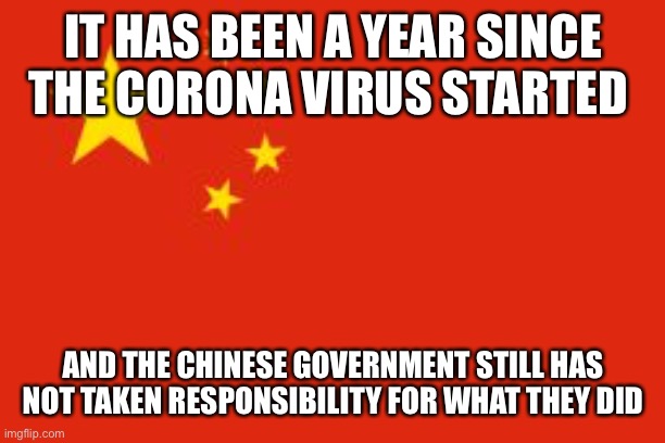 Chinese flag | IT HAS BEEN A YEAR SINCE THE CORONA VIRUS STARTED; AND THE CHINESE GOVERNMENT STILL HAS NOT TAKEN RESPONSIBILITY FOR WHAT THEY DID | image tagged in chinese flag | made w/ Imgflip meme maker