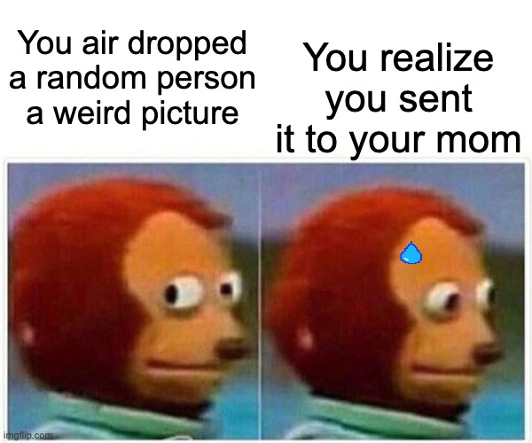 Monkey Puppet | You realize you sent it to your mom; You air dropped a random person a weird picture | image tagged in memes,monkey puppet | made w/ Imgflip meme maker