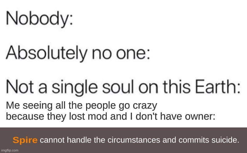 Me seeing all the people go crazy because they lost mod and I don't have owner: | image tagged in nobody absolutely no one,spire cannot handle the circumstances and commits suicide | made w/ Imgflip meme maker