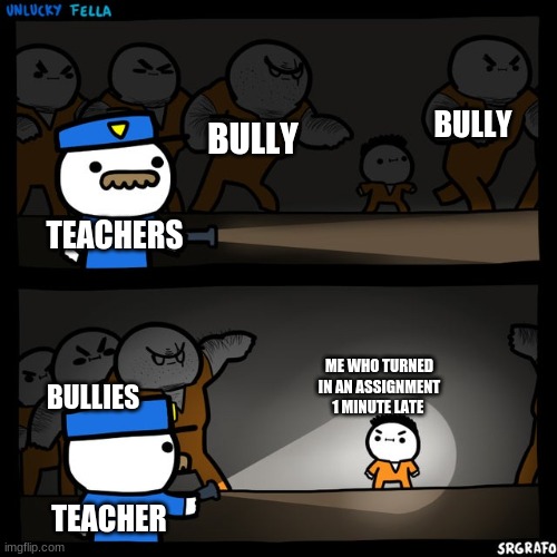 Srgrafo prison |  BULLY; BULLY; TEACHERS; ME WHO TURNED IN AN ASSIGNMENT 1 MINUTE LATE; BULLIES; TEACHER | image tagged in srgrafo prison | made w/ Imgflip meme maker