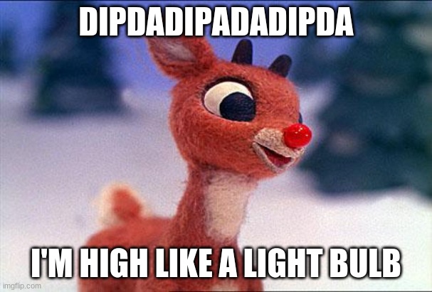 rudolph | DIPDADIPADADIPDA; I'M HIGH LIKE A LIGHT BULB | image tagged in rudolph | made w/ Imgflip meme maker
