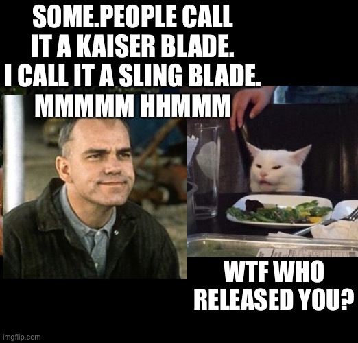 Karl and smudge. | SOME.PEOPLE CALL IT A KAISER BLADE. I CALL IT A SLING BLADE.
MMMMM HHMMM; WTF WHO RELEASED YOU? | image tagged in woman yelling at smudge the cat | made w/ Imgflip meme maker