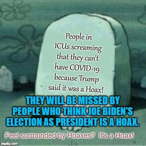 "Hoax, Hoax.  Who's Go The Hoax?" | People in ICUs screaming that they can't have COVID-19 because Trump said it was a Hoax! THEY WILL BE MISSED BY PEOPLE WHO THINK JOE BIDEN'S ELECTION AS PRESIDENT IS A HOAX. Feel surrounded by Hoaxes?  It's a Hoax! | image tagged in politics | made w/ Imgflip meme maker
