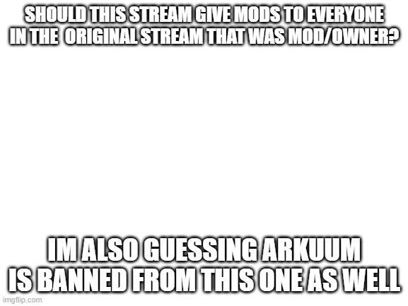 Blank White Template | SHOULD THIS STREAM GIVE MODS TO EVERYONE IN THE  ORIGINAL STREAM THAT WAS MOD/OWNER? IM ALSO GUESSING ARKUUM IS BANNED FROM THIS ONE AS WELL | image tagged in blank white template | made w/ Imgflip meme maker