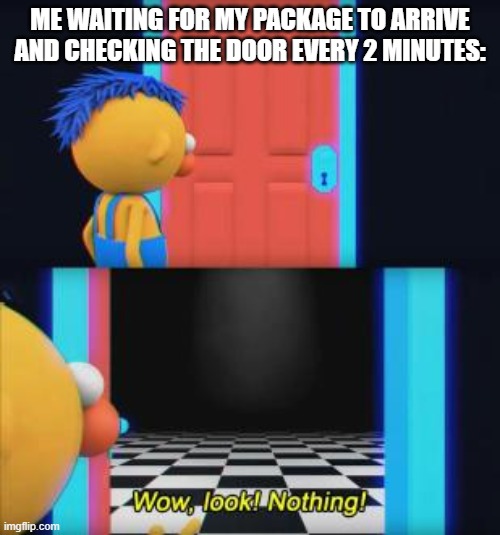 Wow, look nothing | ME WAITING FOR MY PACKAGE TO ARRIVE AND CHECKING THE DOOR EVERY 2 MINUTES: | image tagged in wow look nothing,package,amazon,door,me,memes | made w/ Imgflip meme maker