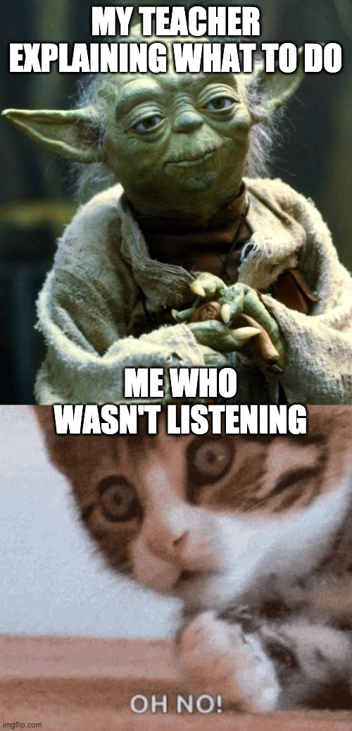 im in school on my computer, and my technology teacher explaining what to do, but im making memes | MY TEACHER EXPLAINING WHAT TO DO; ME WHO WASN'T LISTENING | image tagged in memes,star wars yoda | made w/ Imgflip meme maker