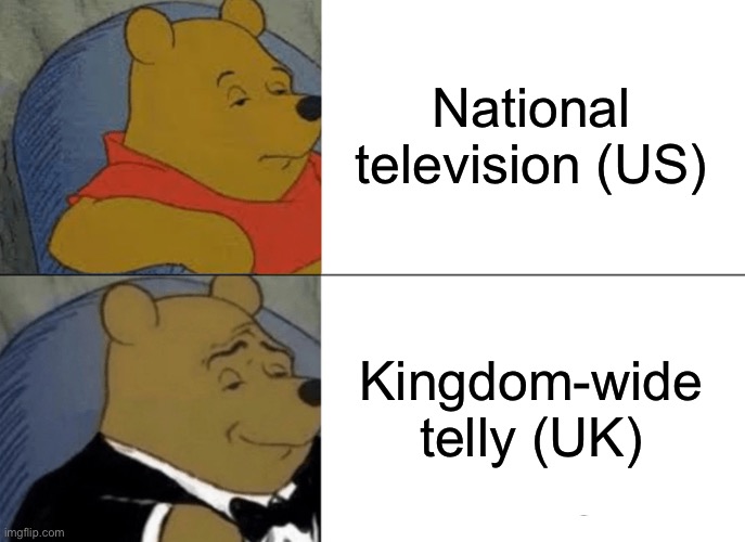 Tuxedo Winnie The Pooh Meme | National television (US); Kingdom-wide telly (UK) | image tagged in memes,tuxedo winnie the pooh | made w/ Imgflip meme maker