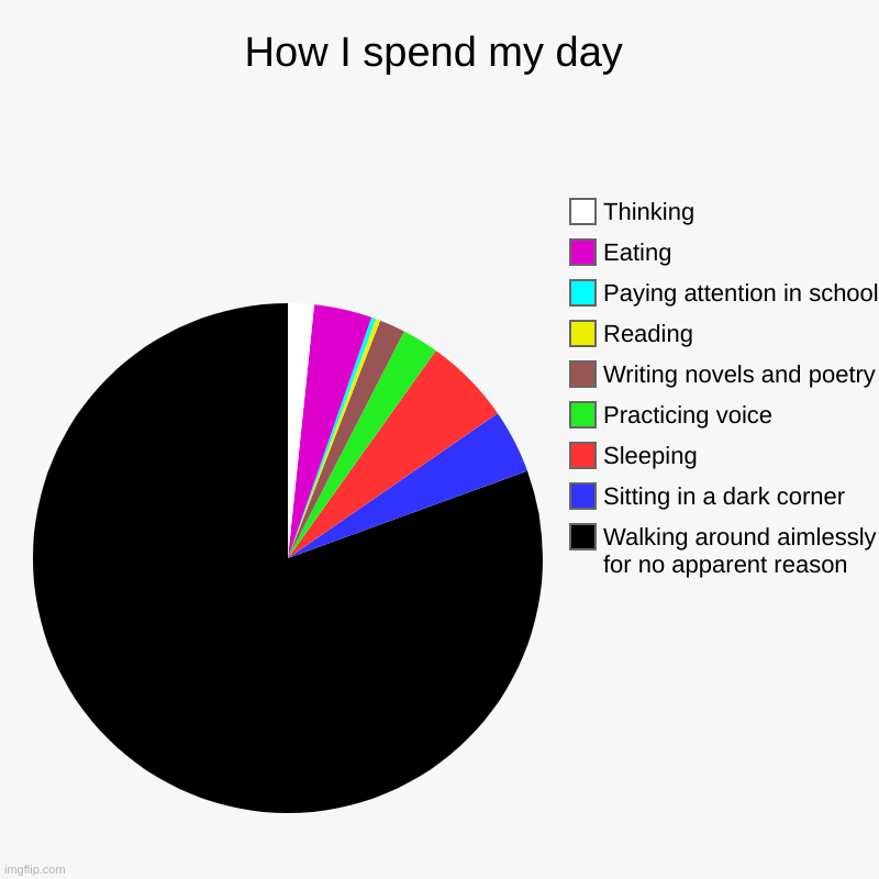 How I spend my day | Walking around aimlessly for no apparent reason, Sitting in a dark corner, Sleeping, Practicing voice, Writing novels a | image tagged in charts,pie charts | made w/ Imgflip chart maker