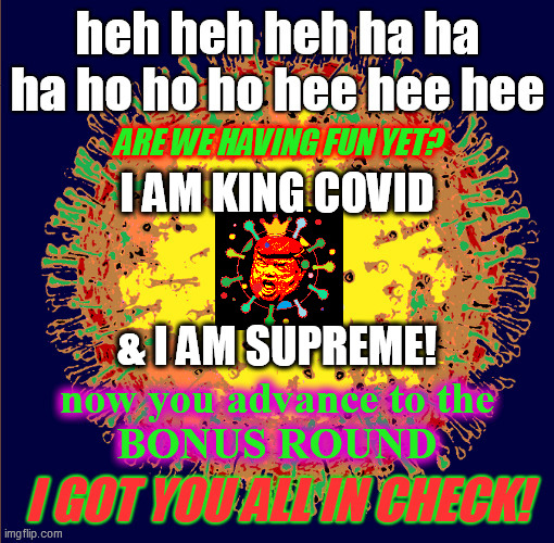 ARE WE HAVING FUN YET? now you advance to the
BONUS ROUND I AM KING COVID                                                                    | made w/ Imgflip meme maker