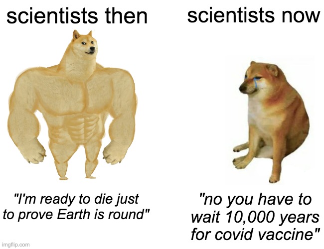 Buff Doge vs. Cheems Meme | scientists then; scientists now; "I'm ready to die just to prove Earth is round"; "no you have to wait 10,000 years for covid vaccine" | image tagged in memes,buff doge vs cheems | made w/ Imgflip meme maker