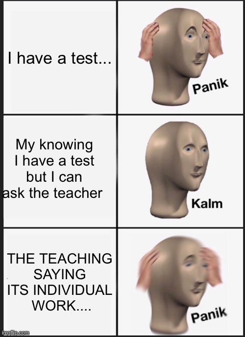 School | I have a test... My knowing I have a test but I can ask the teacher; THE TEACHING SAYING ITS INDIVIDUAL  WORK.... | image tagged in memes,panik kalm panik | made w/ Imgflip meme maker
