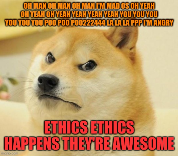 Mad doge | OH MAN OH MAN OH MAN I'M MAD OS OH YEAH OH YEAH OH YEAH YEAH YEAH YEAH YOU YOU YOU YOU YOU YOU POO POO POO222444 LA LA LA PPP I'M ANGRY; ETHICS ETHICS HAPPENS THEY'RE AWESOME | image tagged in mad doge | made w/ Imgflip meme maker