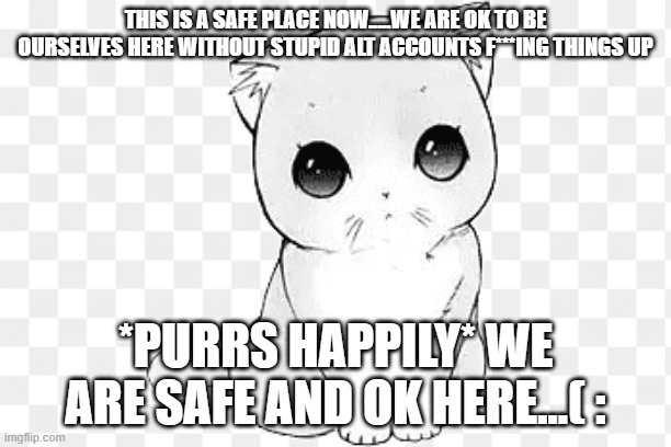 we are safe here | THIS IS A SAFE PLACE NOW.....WE ARE OK TO BE OURSELVES HERE WITHOUT STUPID ALT ACCOUNTS F***ING THINGS UP; *PURRS HAPPILY* WE ARE SAFE AND OK HERE...( : | image tagged in safe space,memer,group,chaos,gone,thank you everyone | made w/ Imgflip meme maker