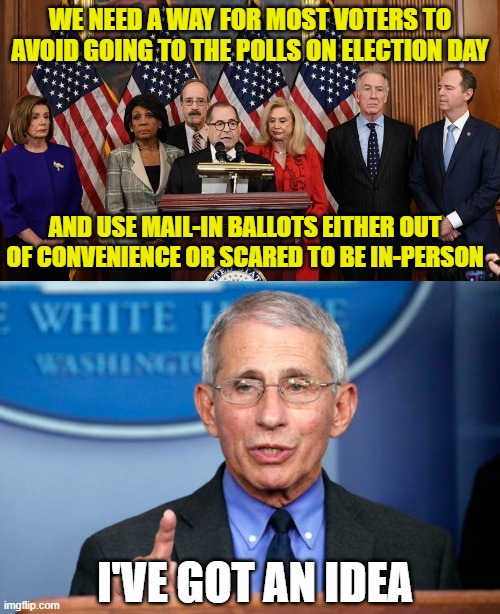 WE NEED A WAY FOR MOST VOTERS TO AVOID GOING TO THE POLLS ON ELECTION DAY; AND USE MAIL-IN BALLOTS EITHER OUT OF CONVENIENCE OR SCARED TO BE IN-PERSON; I'VE GOT AN IDEA | image tagged in house democrats,dr fauci | made w/ Imgflip meme maker