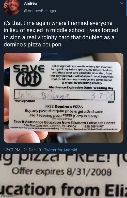 welp then I guess the virginity pledge expires 8/31/2008 | image tagged in virginity card,virginity,sex,sex jokes,dominos,pizza | made w/ Imgflip meme maker