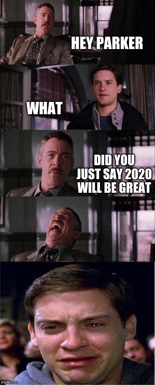 Peter Parker Cry Meme | HEY PARKER; WHAT; DID YOU JUST SAY 2020 WILL BE GREAT | image tagged in memes,peter parker cry | made w/ Imgflip meme maker