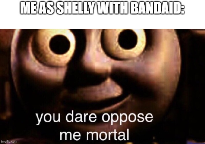 You dare oppose me mortal | ME AS SHELLY WITH BANDAID: | image tagged in you dare oppose me mortal | made w/ Imgflip meme maker