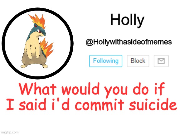 Holly announcement template | What would you do if I said i'd commit suicide; You probably wouldn't care lol | image tagged in holly announcement template | made w/ Imgflip meme maker