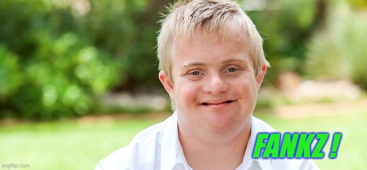 downsyndrom | FANKZ ! | image tagged in downsyndrom | made w/ Imgflip meme maker