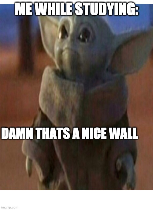 I mean its true..... | ME WHILE STUDYING:; DAMN THATS A NICE WALL | image tagged in baby yoda,so true,so true memes,so true meme,cute,relatable | made w/ Imgflip meme maker