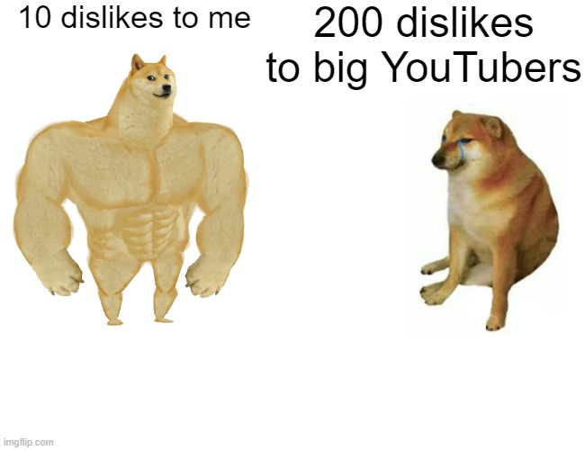 Buff Doge vs. Cheems | 200 dislikes to big YouTubers; 10 dislikes to me | image tagged in memes,buff doge vs cheems | made w/ Imgflip meme maker