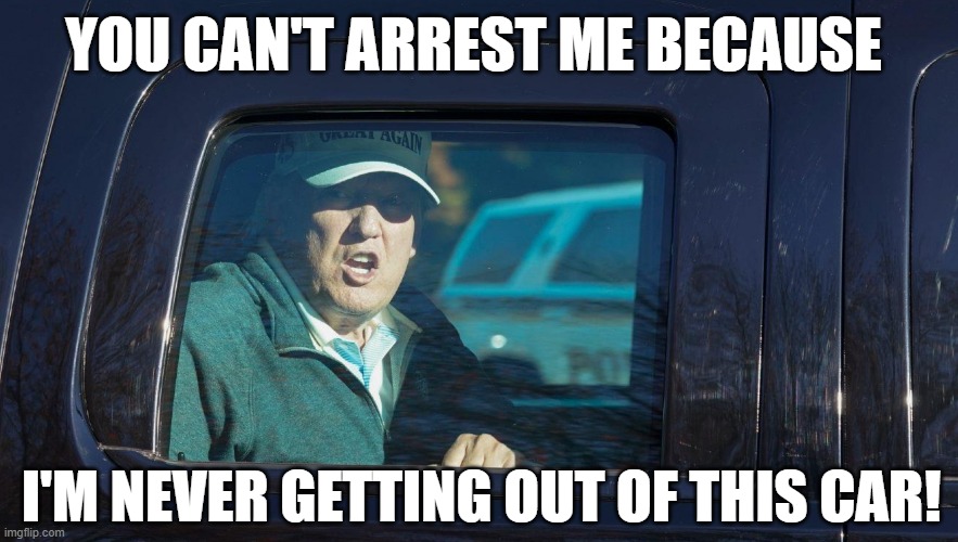 Trump resisting arrest | YOU CAN'T ARREST ME BECAUSE; I'M NEVER GETTING OUT OF THIS CAR! | image tagged in trump,car,police,arrest,criminal,handcuffs | made w/ Imgflip meme maker