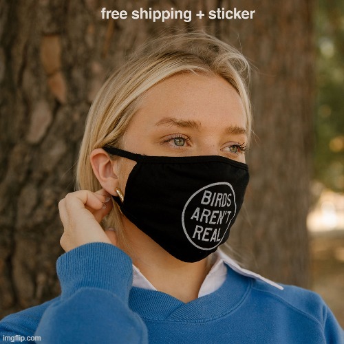 birds aren't real. free shipping + sticker. | image tagged in birds aren't real face mask,birds,face mask,advertising,advertisement,adverts | made w/ Imgflip meme maker