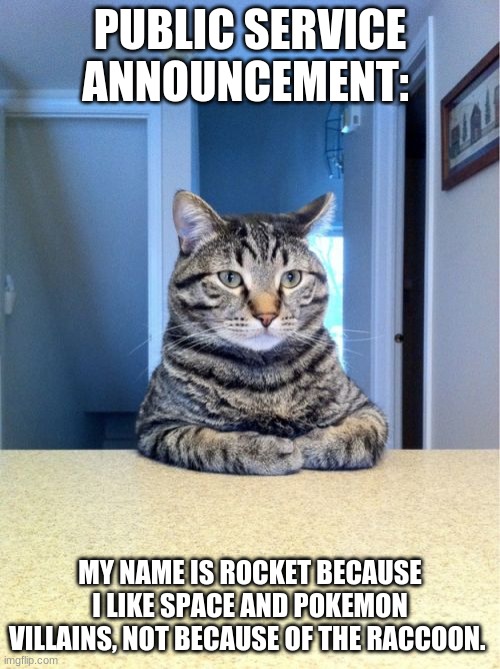 Some random user asked me the other day. I have CAT in my name, I ain't no raccoon! | PUBLIC SERVICE ANNOUNCEMENT:; MY NAME IS ROCKET BECAUSE I LIKE SPACE AND POKEMON VILLAINS, NOT BECAUSE OF THE RACCOON. | image tagged in memes,take a seat cat | made w/ Imgflip meme maker