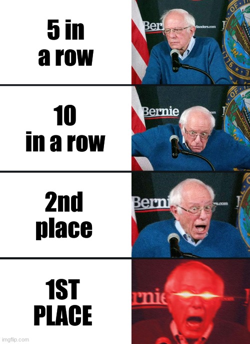 Bernie sanders plays Quizizz | 5 in a row; 10 in a row; 2nd place; 1ST PLACE | image tagged in bernie sanders reaction nuked | made w/ Imgflip meme maker