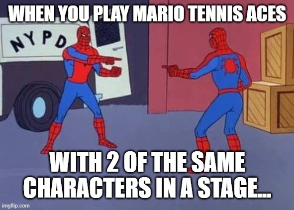 Spiderman mirror | WHEN YOU PLAY MARIO TENNIS ACES; WITH 2 OF THE SAME CHARACTERS IN A STAGE... | image tagged in spiderman mirror | made w/ Imgflip meme maker