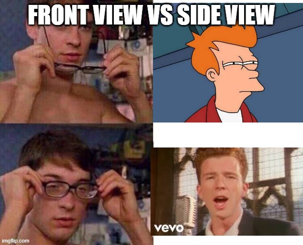 Spiderman Glasses | FRONT VIEW VS SIDE VIEW | image tagged in spiderman glasses | made w/ Imgflip meme maker
