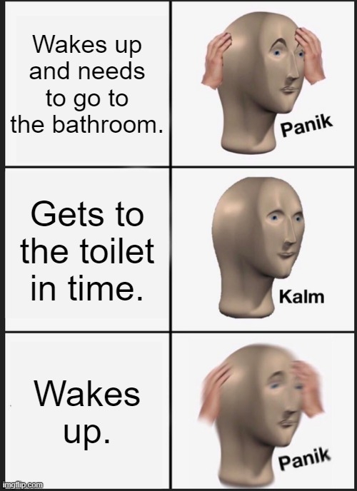 Panik Kalm Panik Meme | Wakes up and needs to go to the bathroom. Gets to the toilet in time. Wakes up. | image tagged in memes,panik kalm panik | made w/ Imgflip meme maker