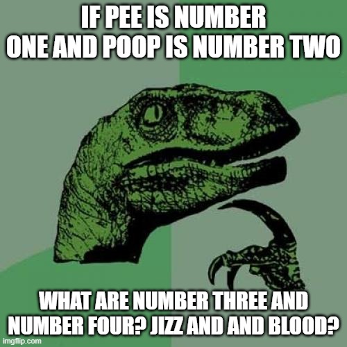 Philosoraptor | IF PEE IS NUMBER ONE AND POOP IS NUMBER TWO; WHAT ARE NUMBER THREE AND NUMBER FOUR? JIZZ AND AND BLOOD? | image tagged in memes,philosoraptor,toilet humor,poop,pee,bodily fluids | made w/ Imgflip meme maker