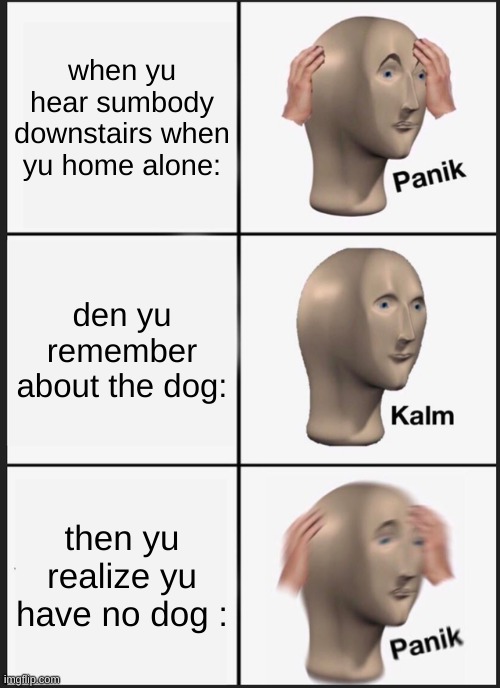 Haha | when yu hear sumbody downstairs when yu home alone:; den yu remember about the dog:; then yu realize yu have no dog : | image tagged in memes,panik kalm panik | made w/ Imgflip meme maker