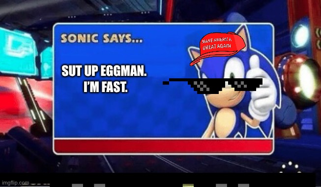 Sut up eggman. | SUT UP EGGMAN. I’M FAST. | image tagged in sonic says | made w/ Imgflip meme maker