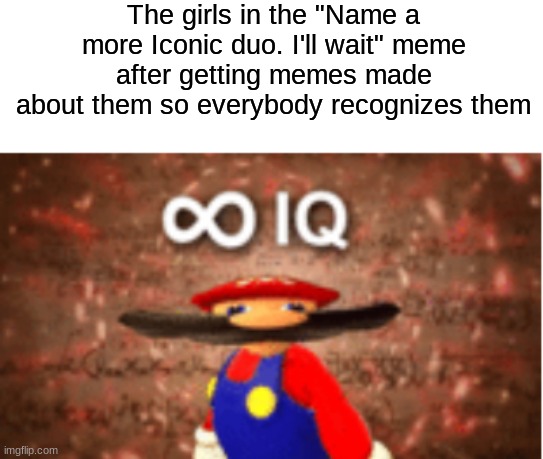 Infinitr IQ meme | The girls in the "Name a more Iconic duo. I'll wait" meme after getting memes made about them so everybody recognizes them | image tagged in infinite iq | made w/ Imgflip meme maker