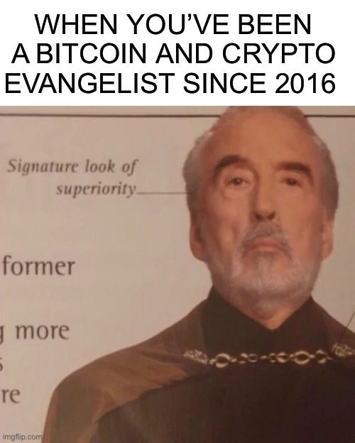 Stoic Hodl | WHEN YOU’VE BEEN A BITCOIN AND CRYPTO EVANGELIST SINCE 2016 | image tagged in signature look of superiority | made w/ Imgflip meme maker