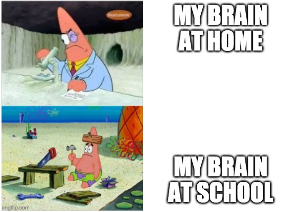 school meme | MY BRAIN AT HOME; MY BRAIN AT SCHOOL | image tagged in patrick smart dumb | made w/ Imgflip meme maker
