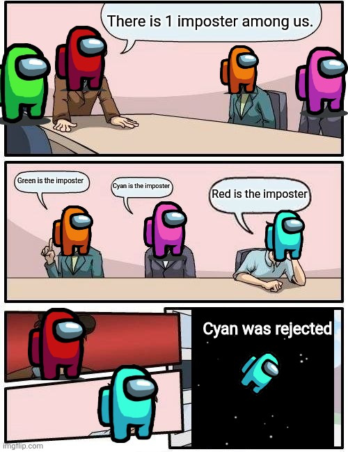 Boardroom meeting suggestion among us version | There is 1 imposter among us. Green is the imposter; Cyan is the imposter; Red is the imposter; Cyan was rejected | image tagged in memes,boardroom meeting suggestion,among us | made w/ Imgflip meme maker