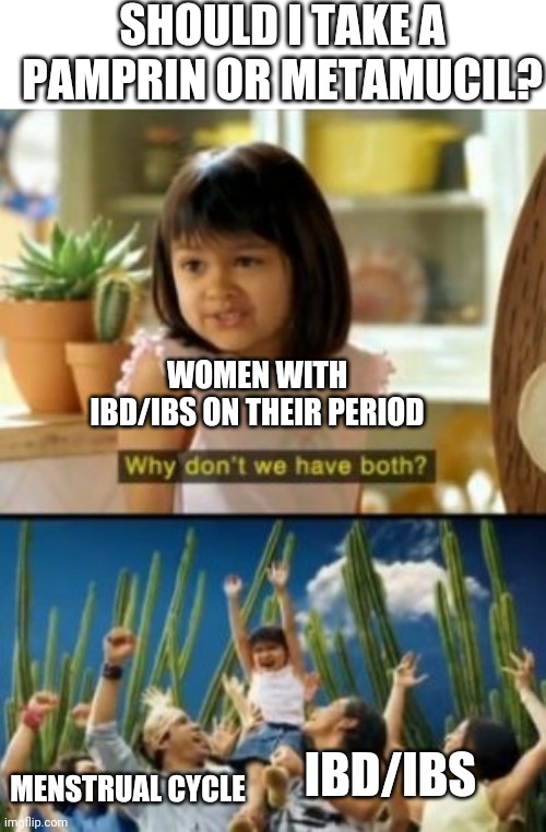 Why Not Both Meme | SHOULD I TAKE A PAMPRIN OR METAMUCIL? WOMEN WITH IBD/IBS ON THEIR PERIOD; IBD/IBS; MENSTRUAL CYCLE | image tagged in memes,why not both | made w/ Imgflip meme maker