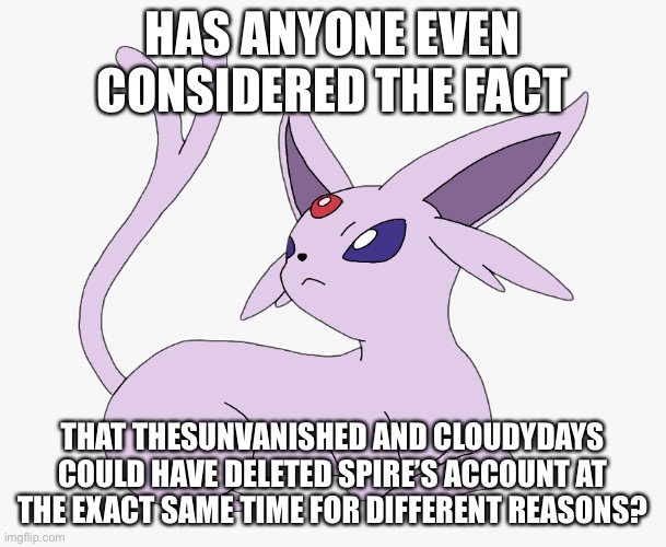 Don’t think I ruled you out Darmug and Bloo | HAS ANYONE EVEN CONSIDERED THE FACT; THAT THESUNVANISHED AND CLOUDYDAYS COULD HAVE DELETED SPIRE’S ACCOUNT AT THE EXACT SAME TIME FOR DIFFERENT REASONS? | made w/ Imgflip meme maker
