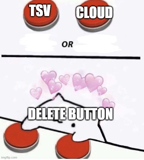 Cat pressing two buttons | TSV CLOUD DELETE BUTTON | image tagged in cat pressing two buttons | made w/ Imgflip meme maker