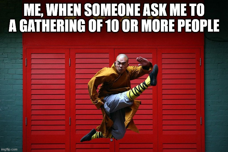 Kicking COVID | ME, WHEN SOMEONE ASK ME TO A GATHERING OF 10 OR MORE PEOPLE | image tagged in your kung fu is strong | made w/ Imgflip meme maker