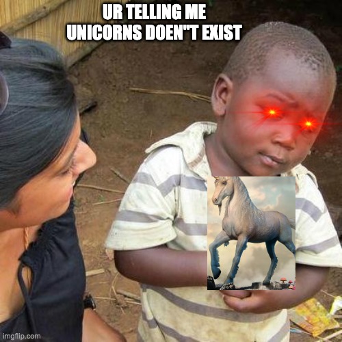 Third World Skeptical Kid Meme | UR TELLING ME UNICORNS DOEN"T EXIST | image tagged in memes,third world skeptical kid | made w/ Imgflip meme maker