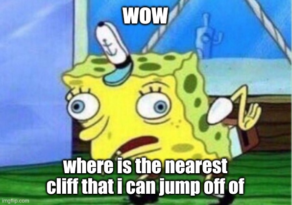 Mocking Spongebob Meme | wow where is the nearest cliff that i can jump off of | image tagged in memes,mocking spongebob | made w/ Imgflip meme maker
